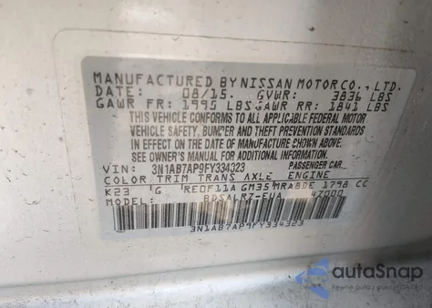 2015 Nissan Sentra Sr z USA, uszkodzony, nr VIN 3N1AB7AP9FY334323